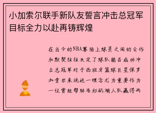 小加索尔联手新队友誓言冲击总冠军目标全力以赴再铸辉煌