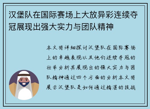 汉堡队在国际赛场上大放异彩连续夺冠展现出强大实力与团队精神