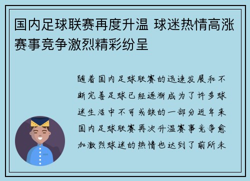 国内足球联赛再度升温 球迷热情高涨赛事竞争激烈精彩纷呈