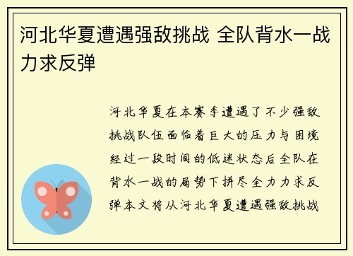 河北华夏遭遇强敌挑战 全队背水一战力求反弹