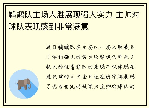 鹈鹕队主场大胜展现强大实力 主帅对球队表现感到非常满意