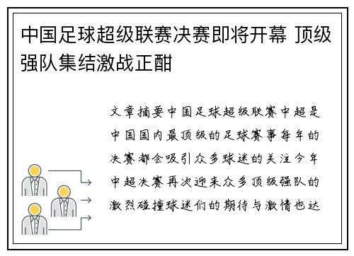 中国足球超级联赛决赛即将开幕 顶级强队集结激战正酣